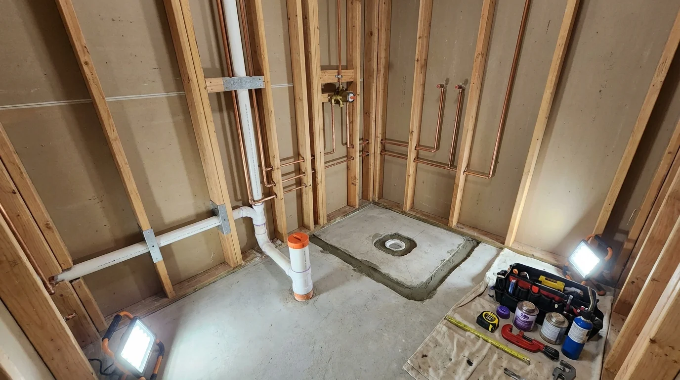 Bathroom rough-in plumbing during remodel by Johns Plumbing LLC in White Oak
