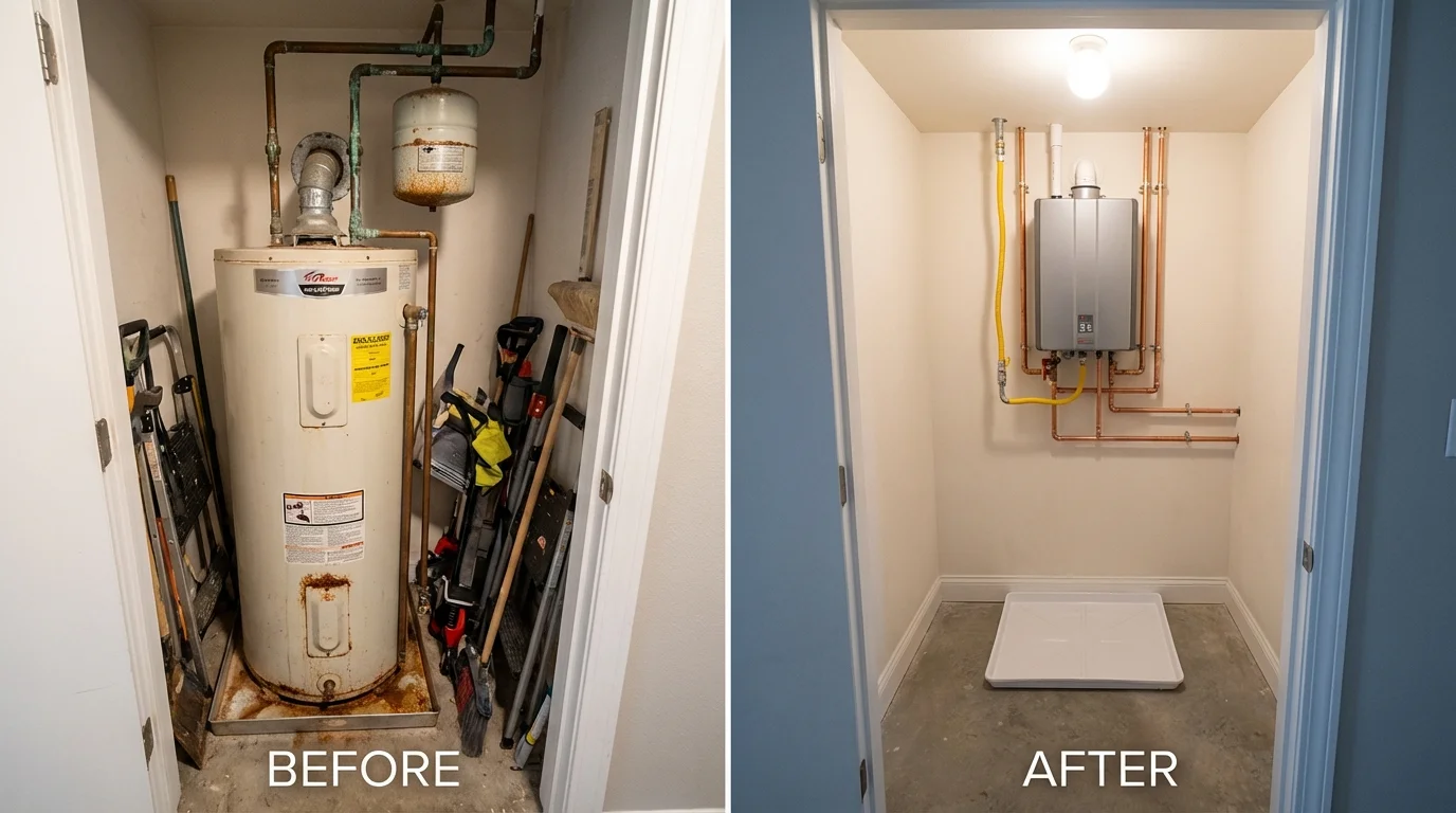 Tank water heater versus wall-mounted tankless unit comparison for White Oak, TX homeowners