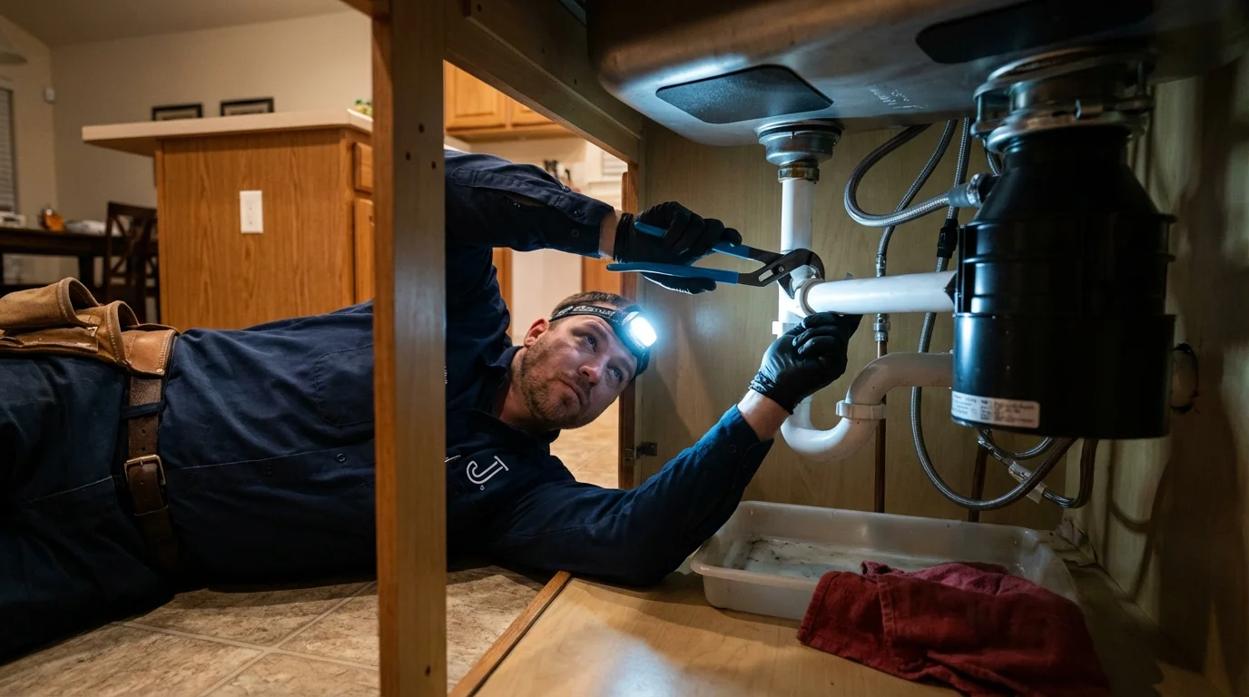 P-trap and supply line connections under a kitchen sink showing a common leak point in White Oak, TX